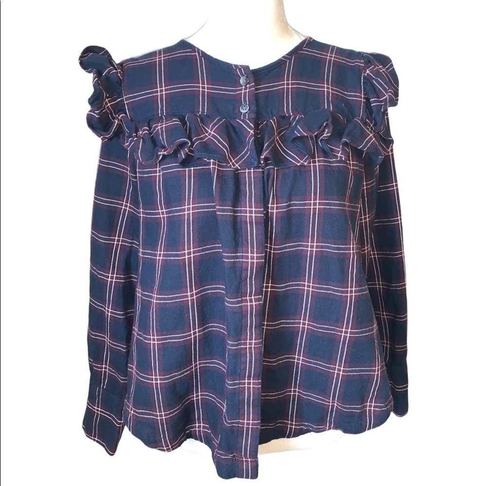 Madewell Blue Plaid Ruffle Button Down Blouse Size S